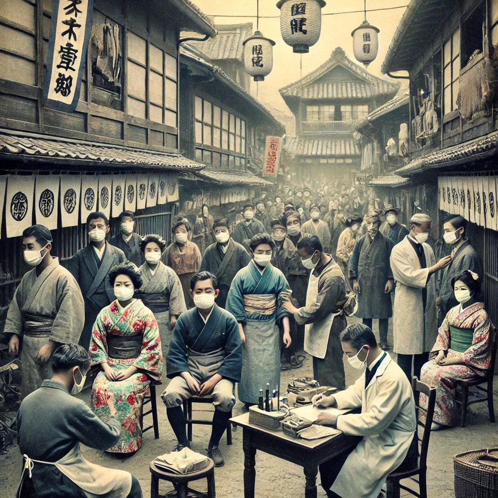 マスク姿の人々と医師が集う昔の日本の街並みを描いたイメージ